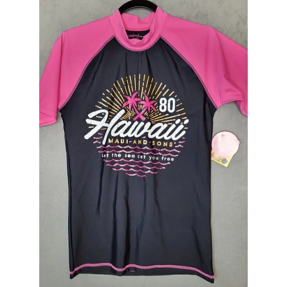 Maui And Sons Rashguard Surf Swim Top Girls Size L /Womens Size S Pink Black NWT
